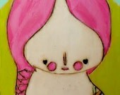 POp girl art Bright Pink braided heart girl folk art painting mixed media bees wax encaustic acrylic original 3x4 inches
