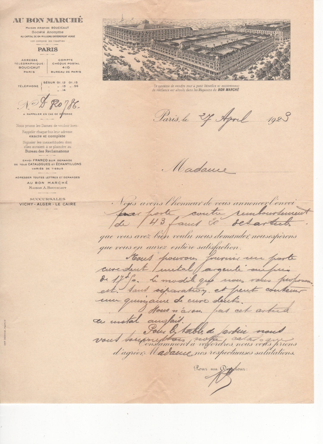 PARIS Bon Marche Invoice FRENCH EPHEMERA