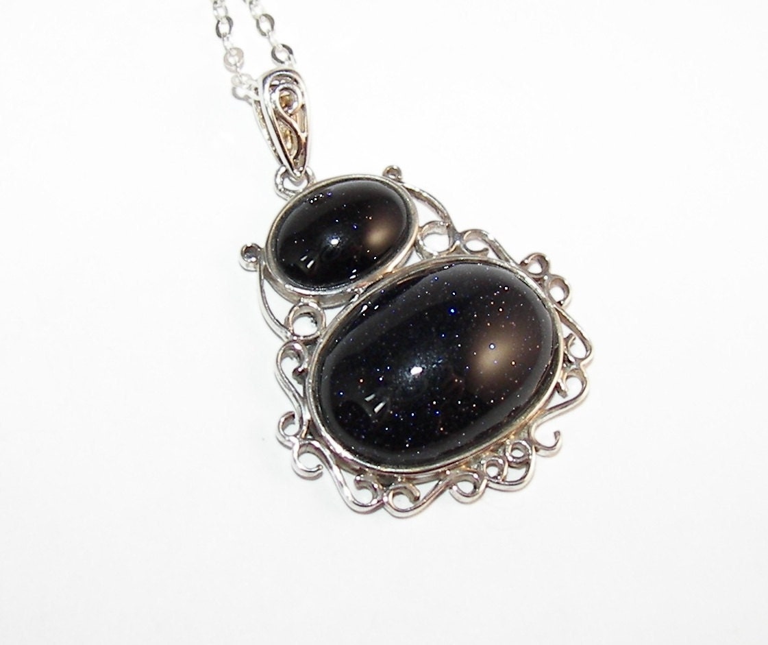 Beautiful Blue Gold Stone Filigree Sterling Silver Necklace
