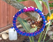 Blue Fiber Bracelet with white seed bead - Ultra blue and dark pink bracelet