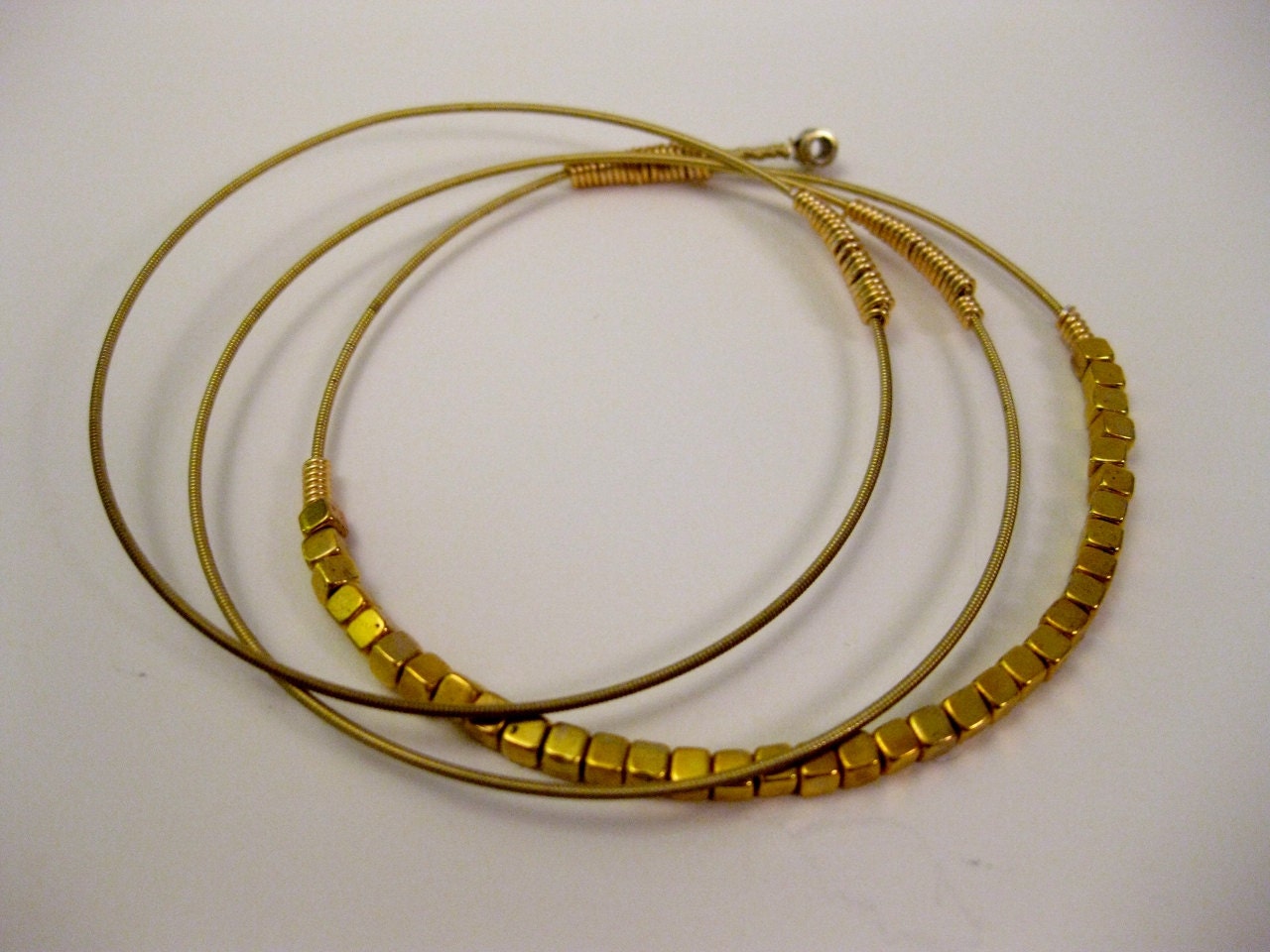 Guitar String Bangles - Set of 3 - Gold Square Beaded Bracelet- Handmade Recycled Jewelry - Gold Wire Wrapped