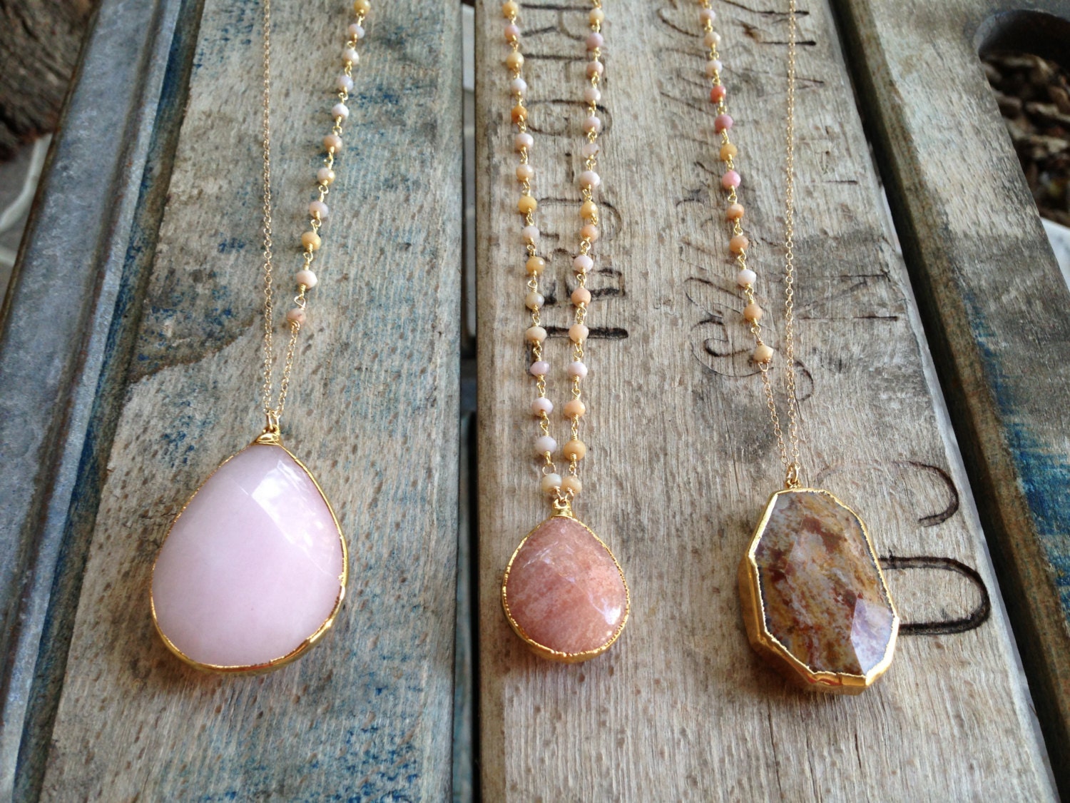 Gold edged peach stone necklace with wire wrapped pink opal stone chain