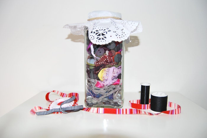 Treasure Jars - Set of trims, buttons, laces, ropes, pins, beads, threath...more than 100 elements