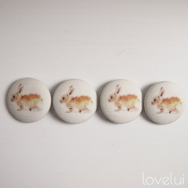 Linen Buttons Covered In Unique Rabbit Print 1.49inch (38mm) Set of 4 Rabbits
