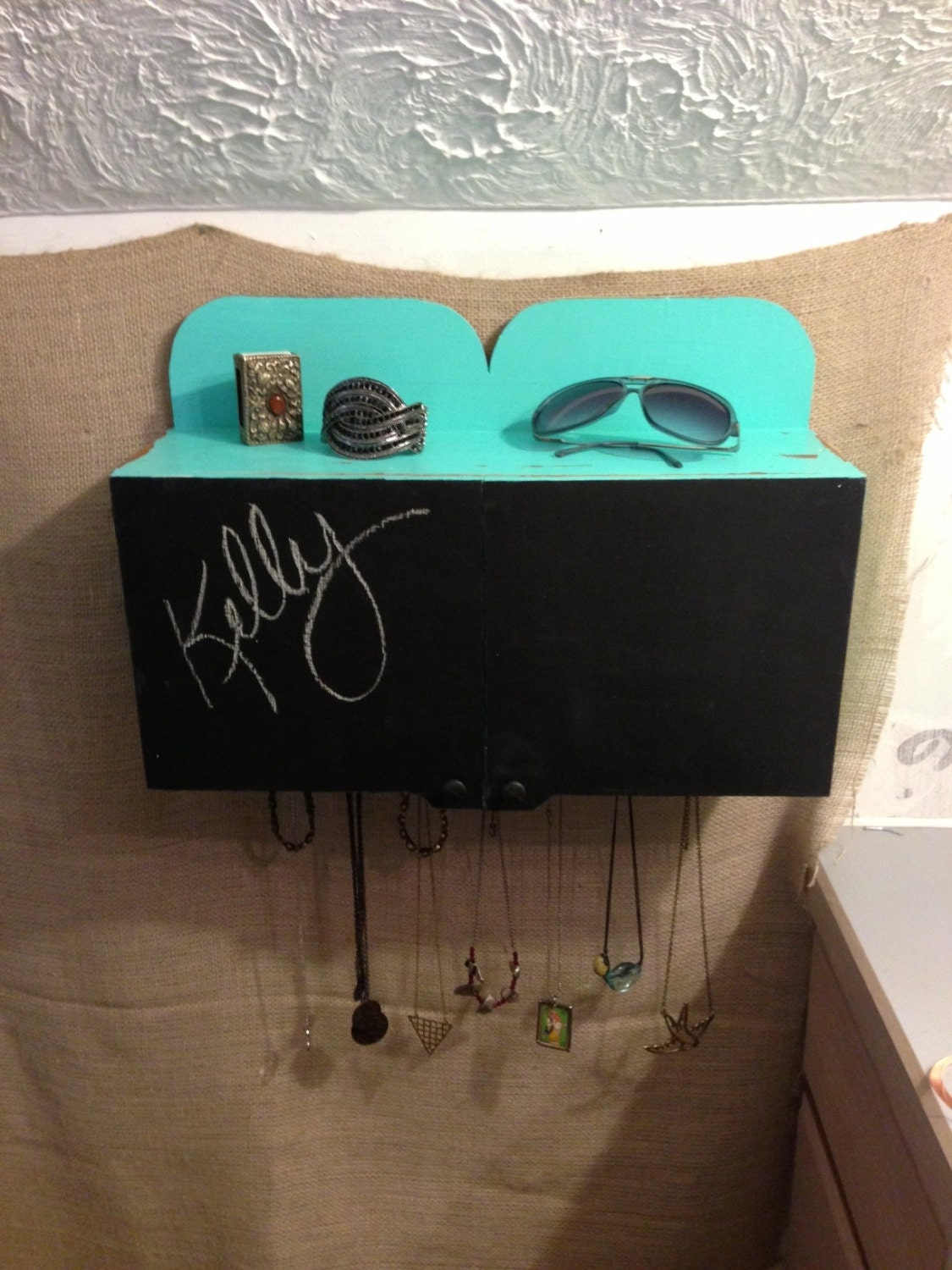 Upcycled Jewelry Organizing Display (Aqua Chalkboard Cabinet)
