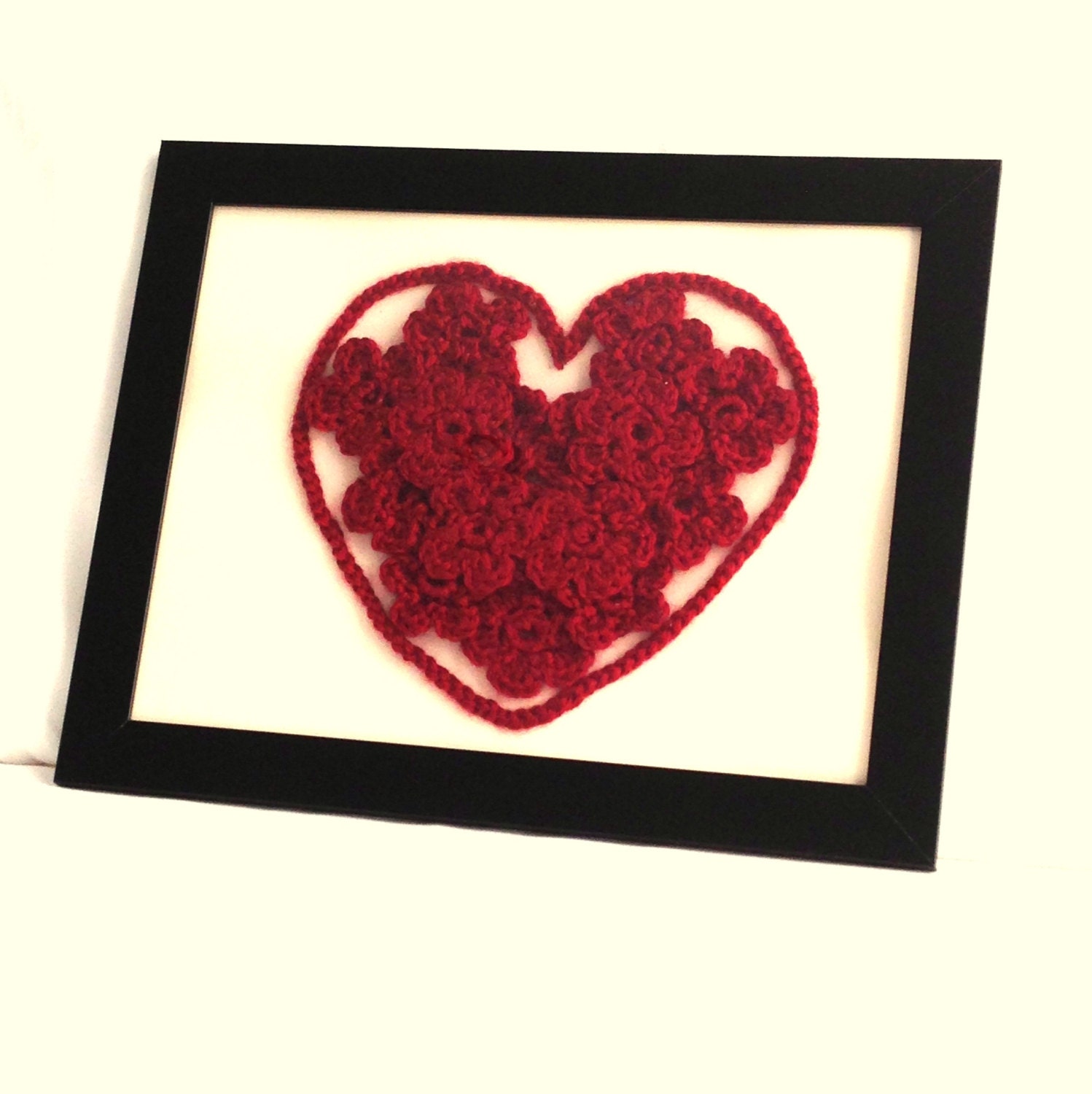Love Wall Art, Crochet Art, Heart Art, Red Wall Art, 3D Art, Artwork, Mixed Media Art, Crochet Flower, Fiber Art, Framed Wall Art