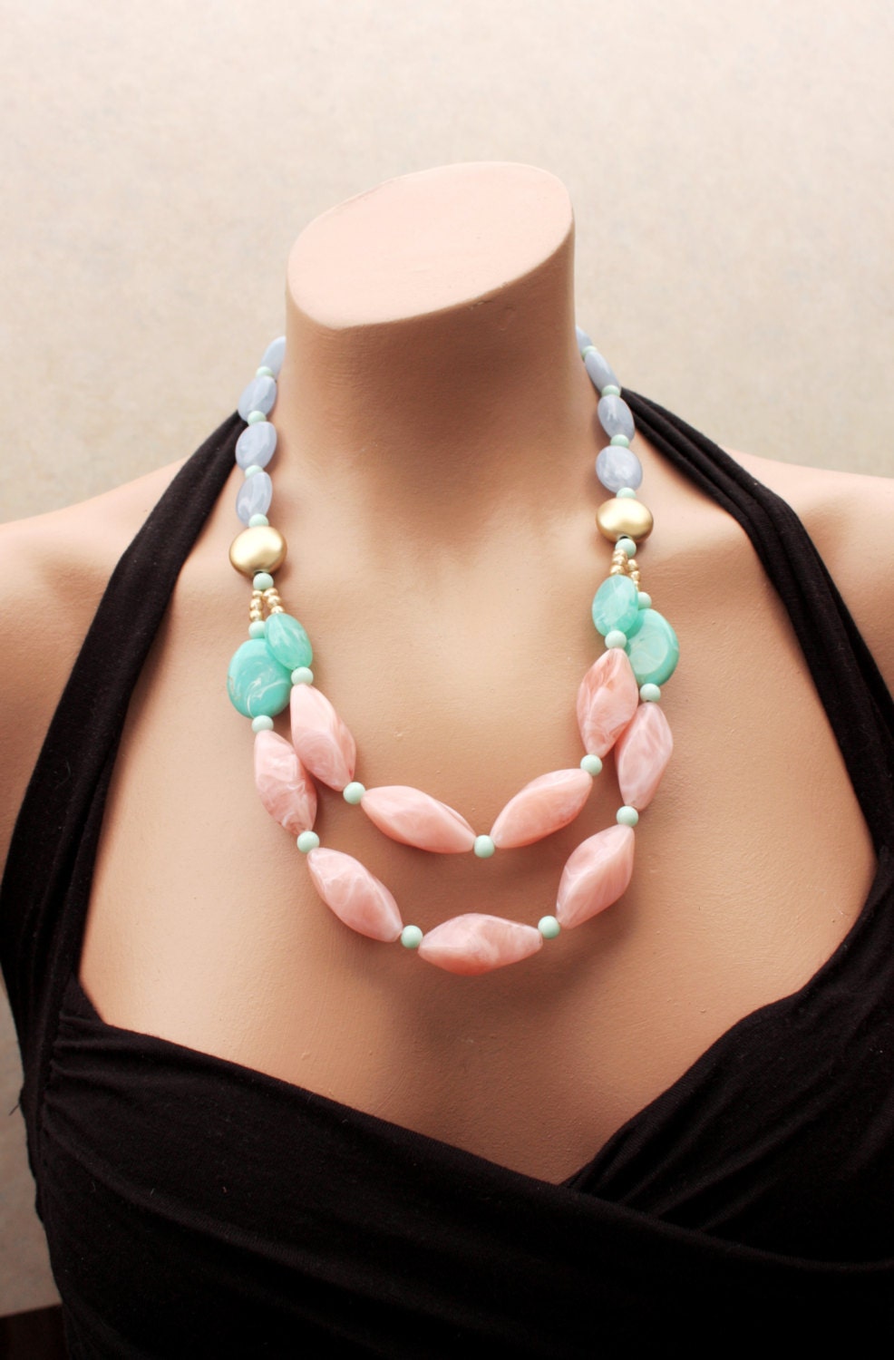 Chunky Double Strand Colorful Beaded Statement Neclace, Pink, Blue, Aqua, Gold, Amongst the Clouds