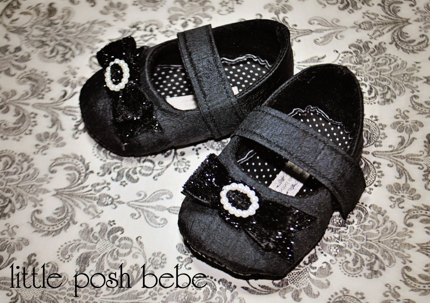 Baby Shoes Kate Black Mary Janes with Sparkly Bow and Ivory Pearl Embellishment  (Size 1-4)