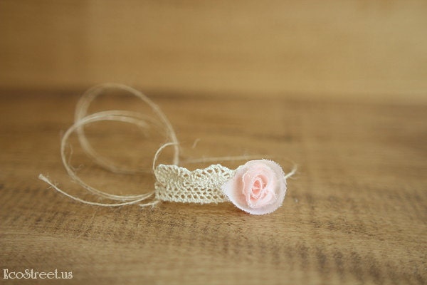 Baby Girl Headband, Baby Headband, Newborn Rustic Headband in Cream and Peach Pink with Lace, Baby Halo Great for Photo Prop