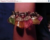 Acrylic Rock Candy Bracelet  on Silver tone Double Rings 1960s 70s