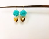 Geometric Pom Pom Ball Earrings / Aqua Blue with Brass Dangle / Neon Spring Statement Jewelry