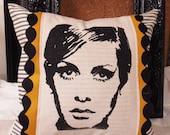 Decorative throw pillow cushion cover with Twiggy screen print in black with black and mustard yellow felt trim