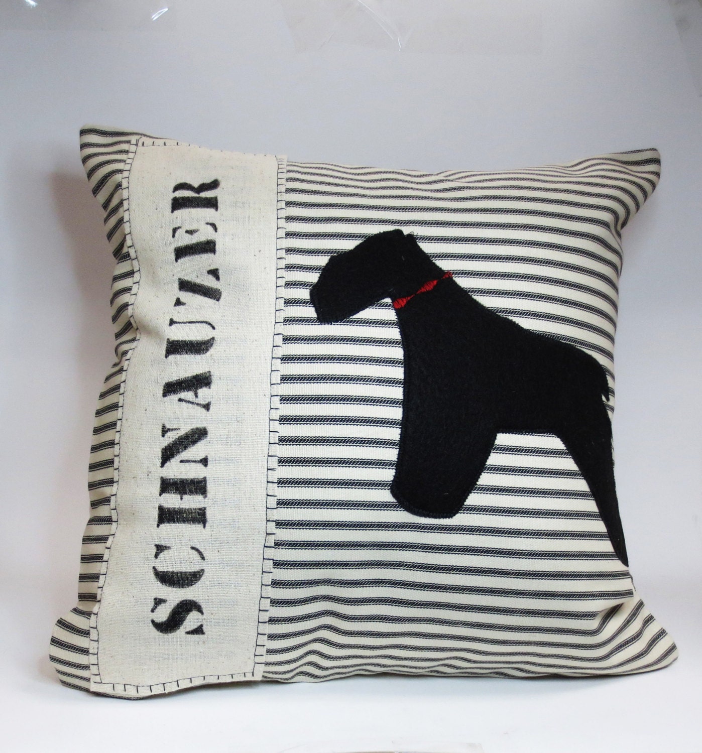 Decorative Throw Pillow Cushion Cover with Black Felt Schnauzer Applique and black and ivory ticking stripe
