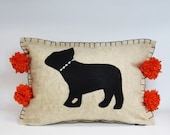 Felt Frenchie Pillow - Beige Pillow with Black Frenchie and Orange Pom Pom Tassels