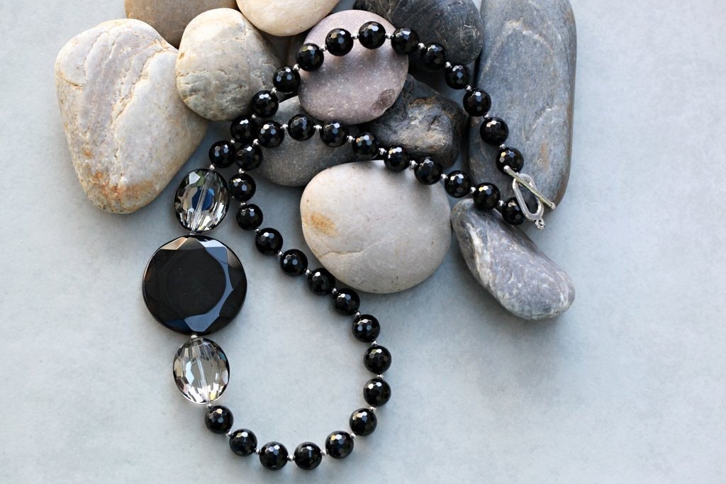 Smoke and Mirrors - Faceted Black Necklace with Agate and Crystal Side Feature