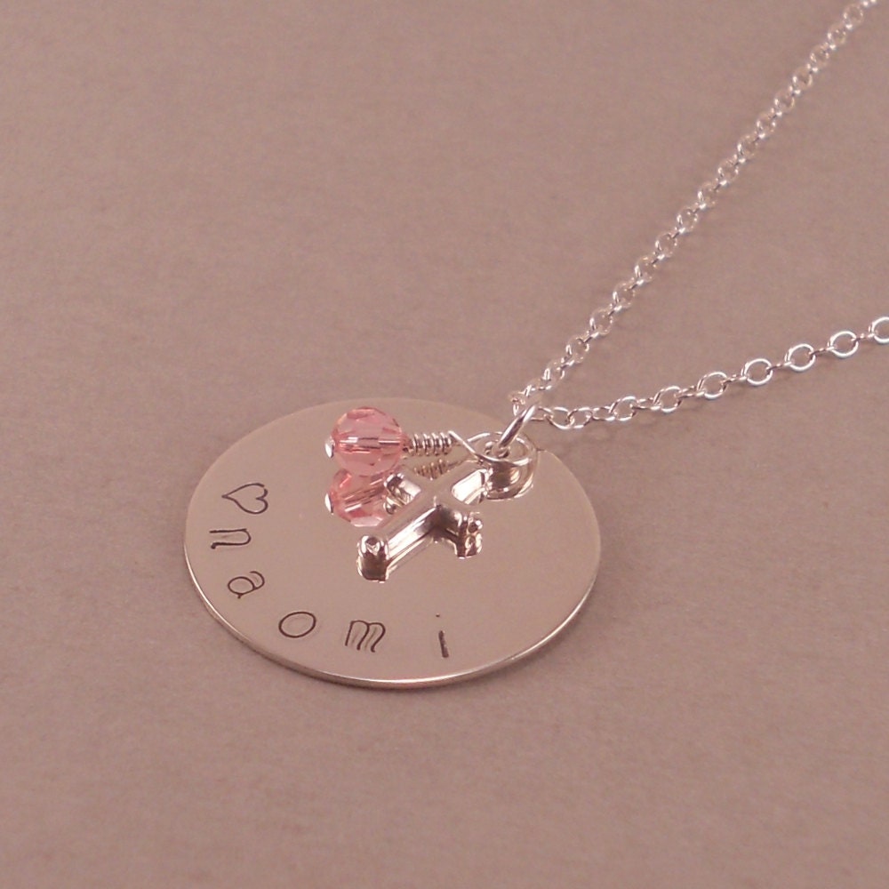 Hand Stamped Name Necklace, little girls gifts, pink, name, disc, personalized baptism necklaces, confirmation gift, niece, birthday, tag