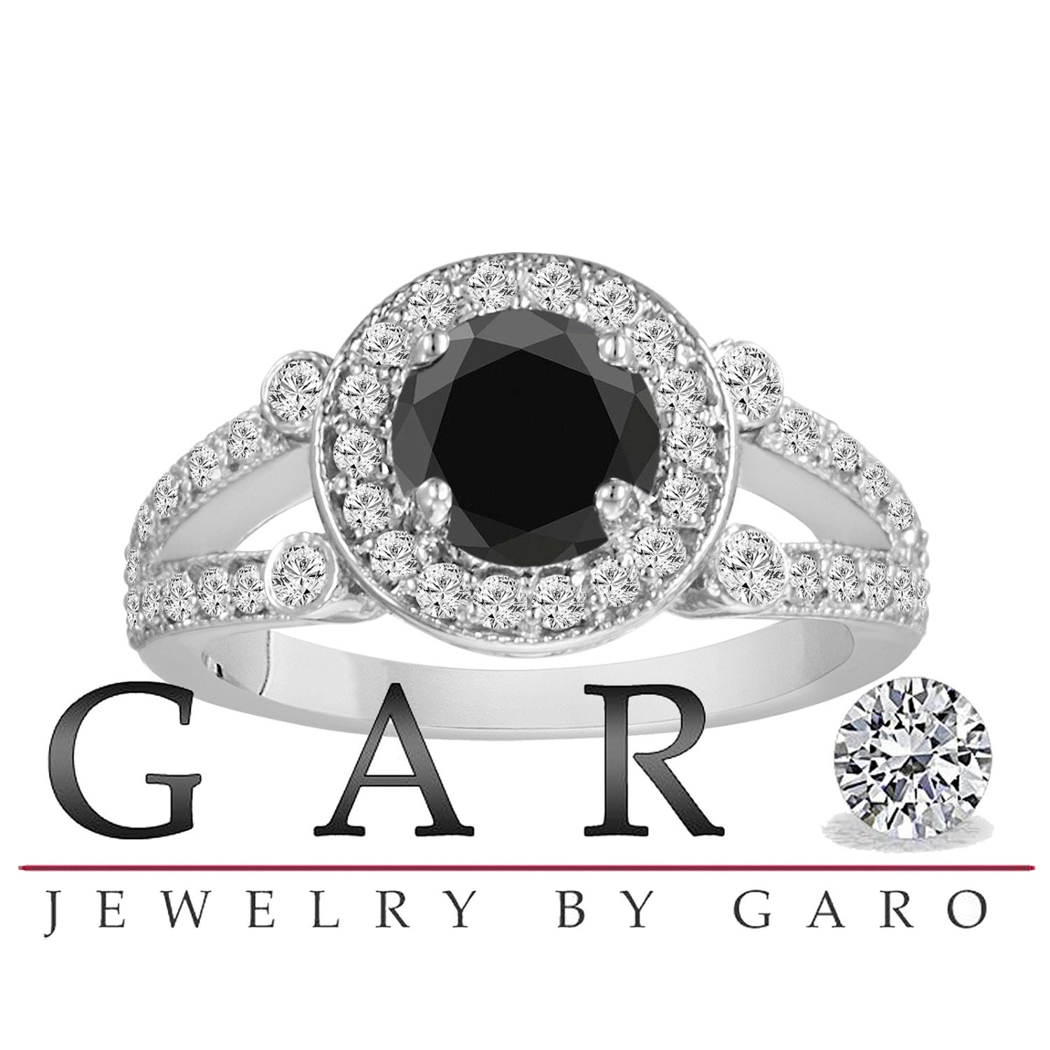 1.58 Carat Certified 14k White Gold Natural Black & White Diamond Halo Engagement Ring HandMade