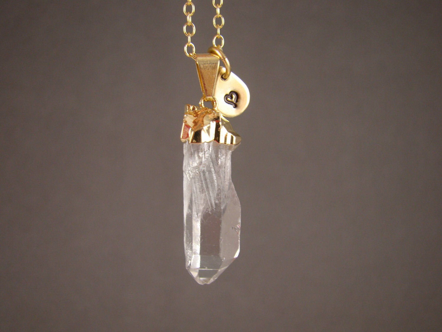 Personalized Rock Crystal Quartz Long Pendant Necklace, Long Gold Chain