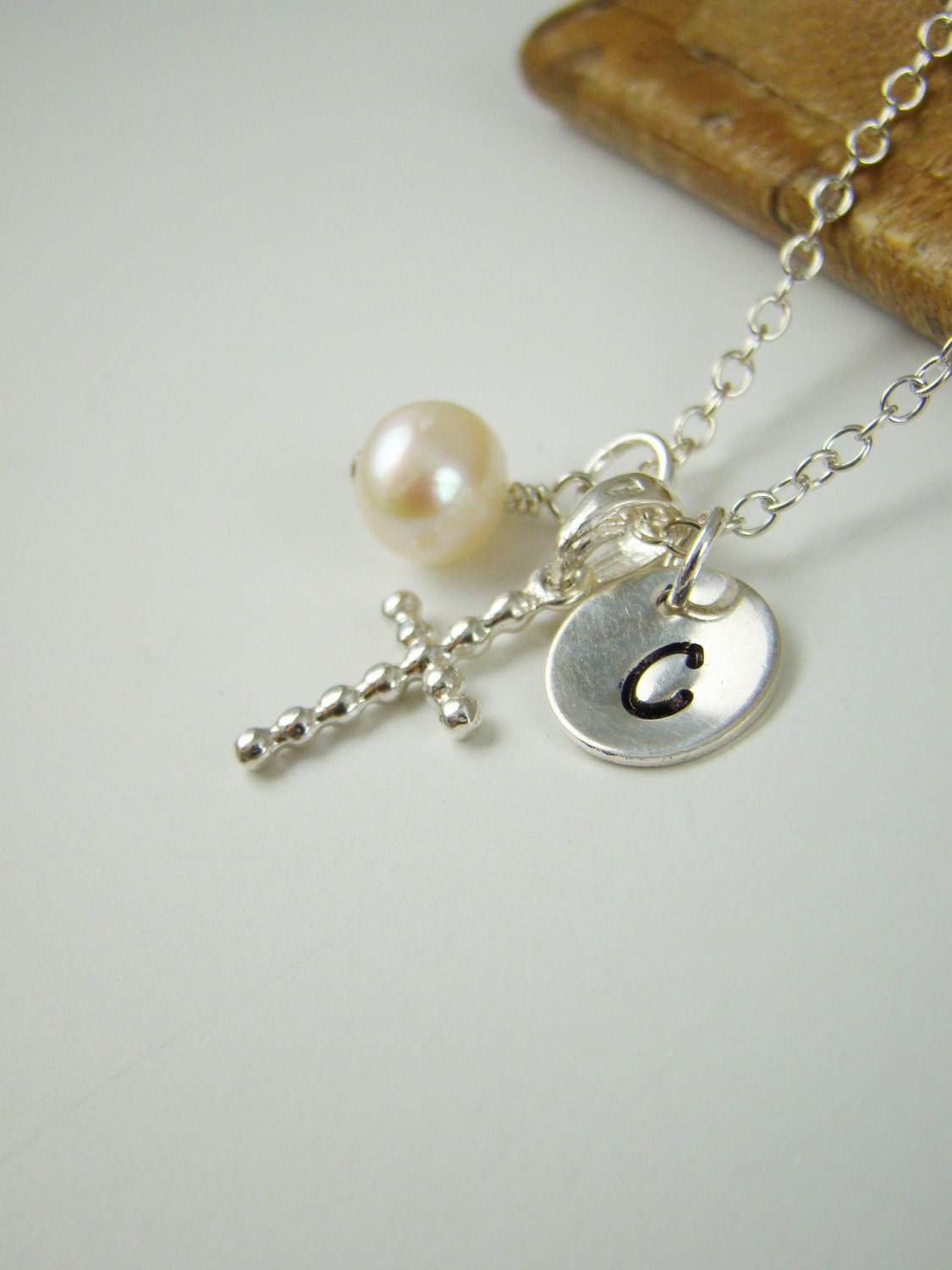 Personalized Baptism Gift, Initial Cross Necklace, Sterling Silver Cross Charm