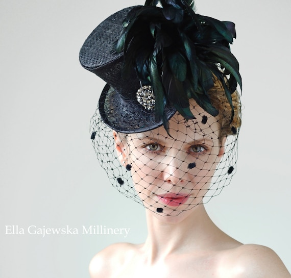 Summer Fashion Accessory Black Mini Top Hat Del Mar Races Coq Feathers Ascot Royal Derby Weddings Racing Gothic Aristocrat Bridcage Veiling