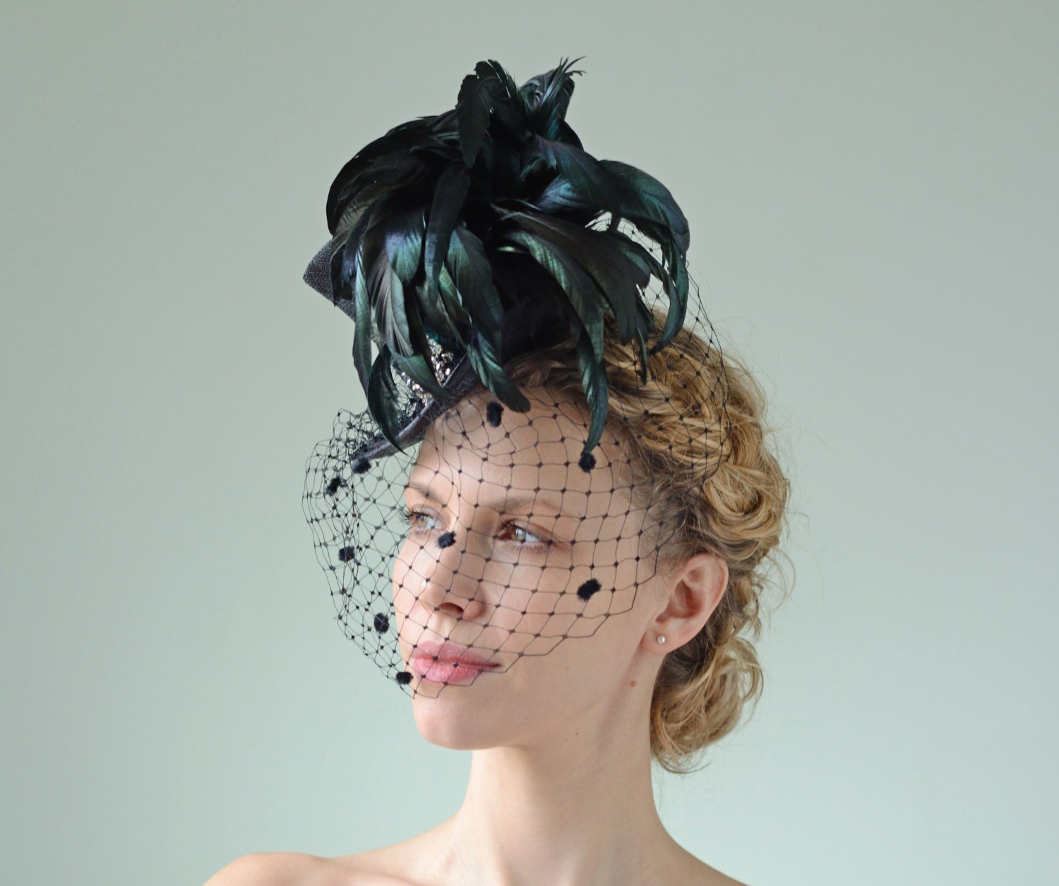 Summer Fashion Accessory Black Mini Top Hat Del Mar Races Coq Feathers Ascot Royal Derby Weddings Racing Gothic Aristocrat Bridcage Veiling