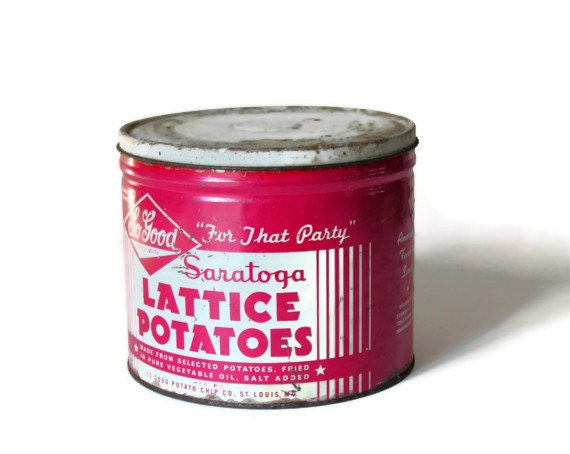 Potato Chip Tin For That Party Saratoga Lattice Potatoes Large Antique Advertising Collectible Red White Graphics