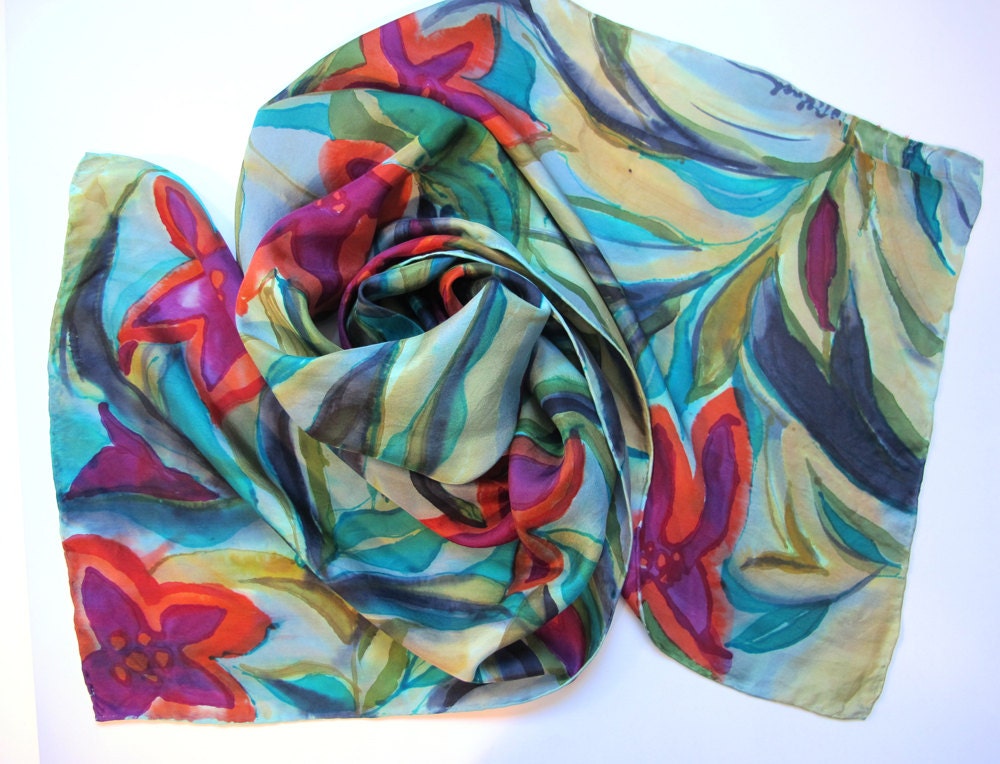 Scarf Hand-Painted 100% Silk Twill Abstract Flowers Blue and Reds