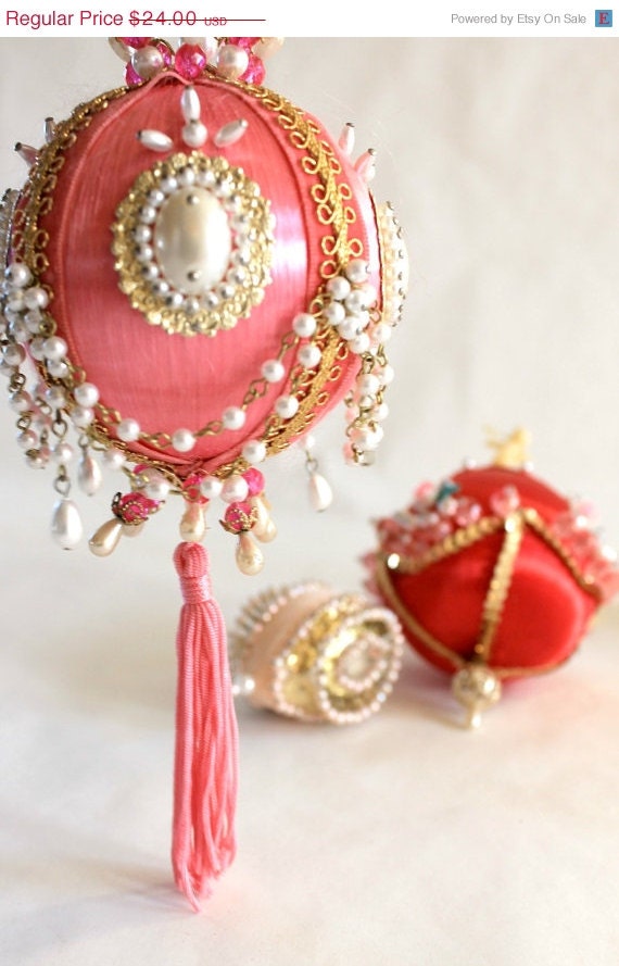 CLOSING SALE Reduced 50% Vintage Mid Century Pink Beaded Christmas Ornaments