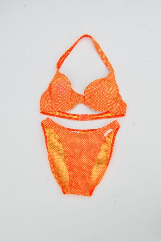 Neon orange and yellow textured high waist bikini 1980s