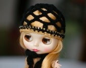 40% OFF Sale Set Lace hat and scarf Blythe Beaded  Black  Hat OOAK Blythe Hat for Blythe Outfit Blythe Pinup Hair Snood Hat