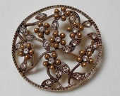 ON SALE Vintage Rhinestone Victorian Floral Design Round Circle Brooch Jacket Pin