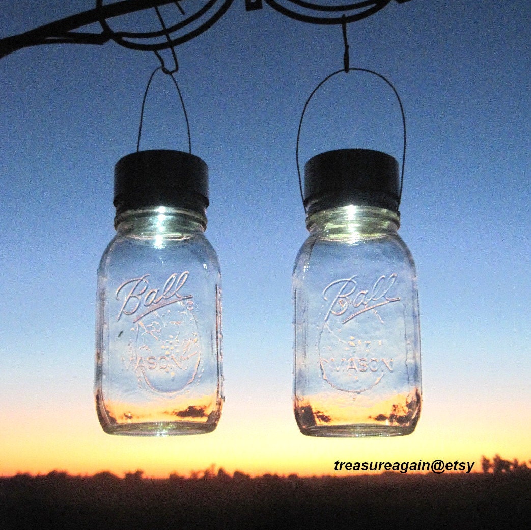 Solar Eco Friendly Lights Going Green Eco-Friendly Wedding 2 Clear Ball Mason Jar Solar Lights Hanging Lanterns, Upcycled Garden Decor