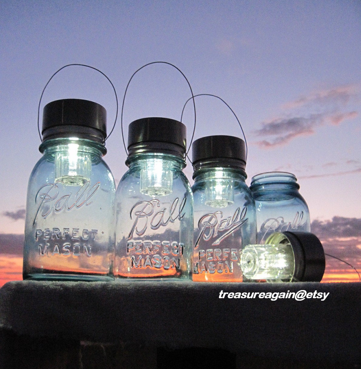 Hanging Mason Jar Lights 4 Ball Mason Jar Solar Lights, Outdoor Garden Quart Aqua Blue Glass Antique Hanging Lanterns, Gifts