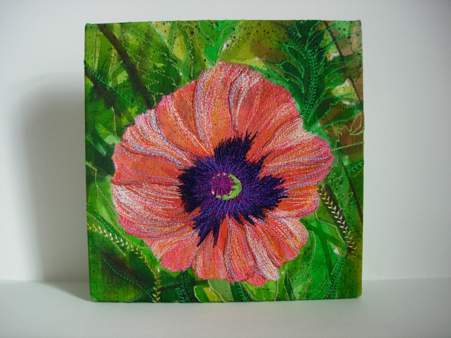 Coral Poppy Machine Embroidery Picture Canvas Textile Wall Art OOAK