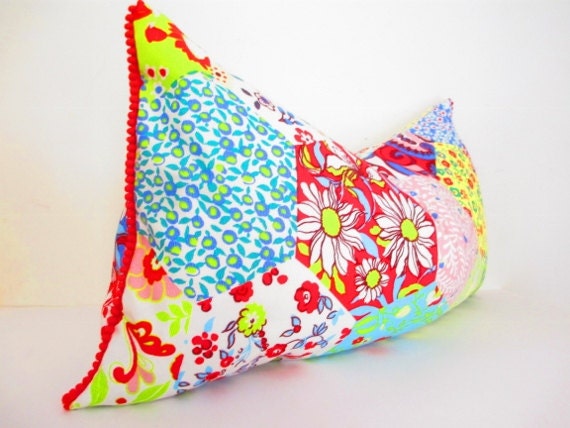 Bright Red and Blue Pillow Cover, Pillow with Fringe, Patchwork Decorative Pillow, Bohemian Decorative Pillows, Cushion Covers 12x22 Inch