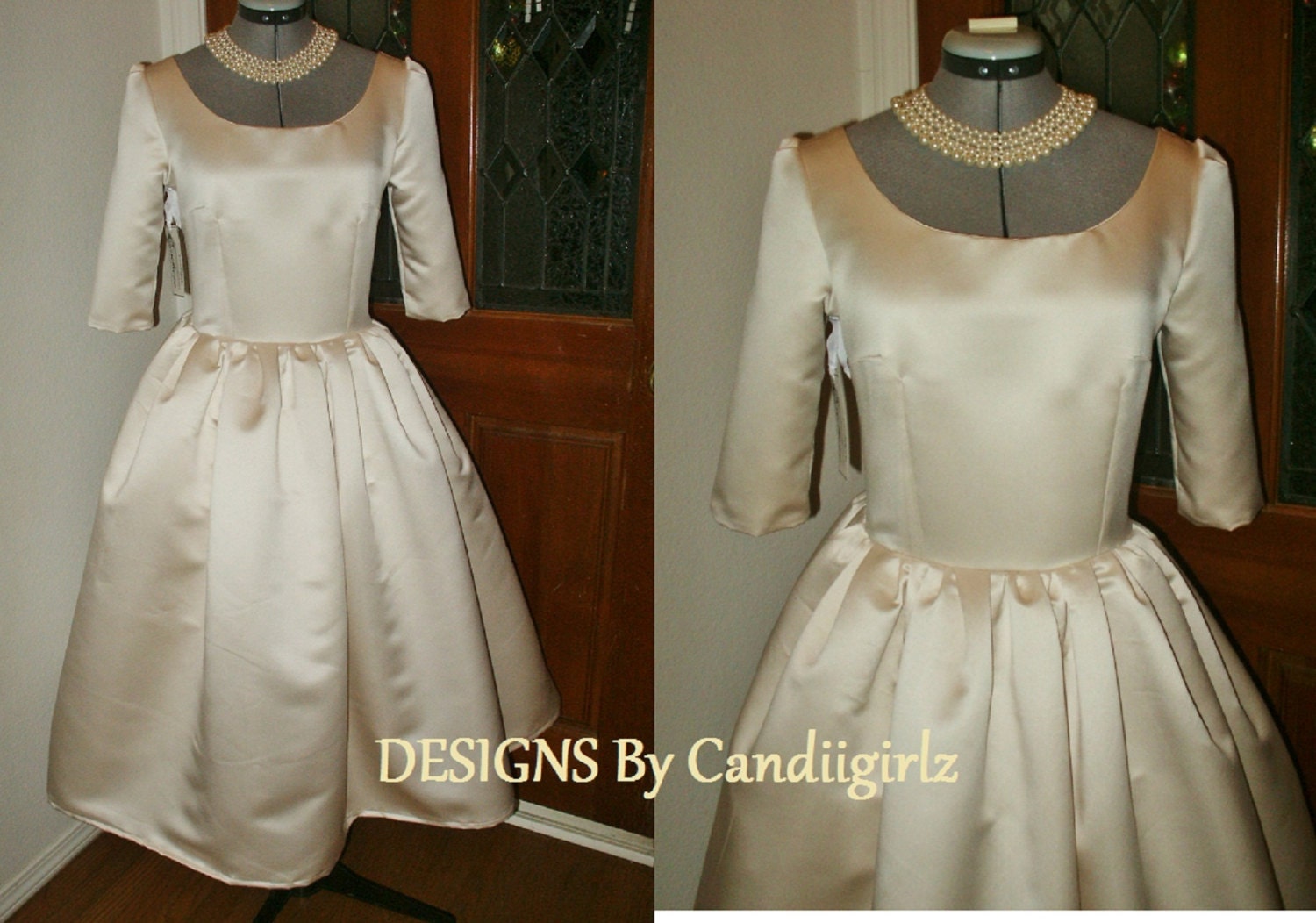 1950s Custom made 3/4 slvs scoop neck full skirt petticoat Wedding Bridal evening tea length Dress Custom