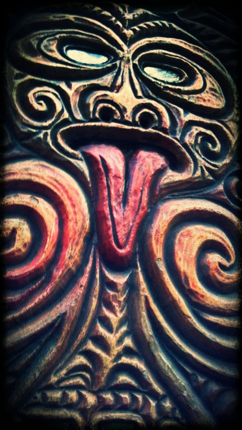 5.5" x 10" fine art, photograph, tiki, mask, face, hawaiian, polynesian, carved, wood