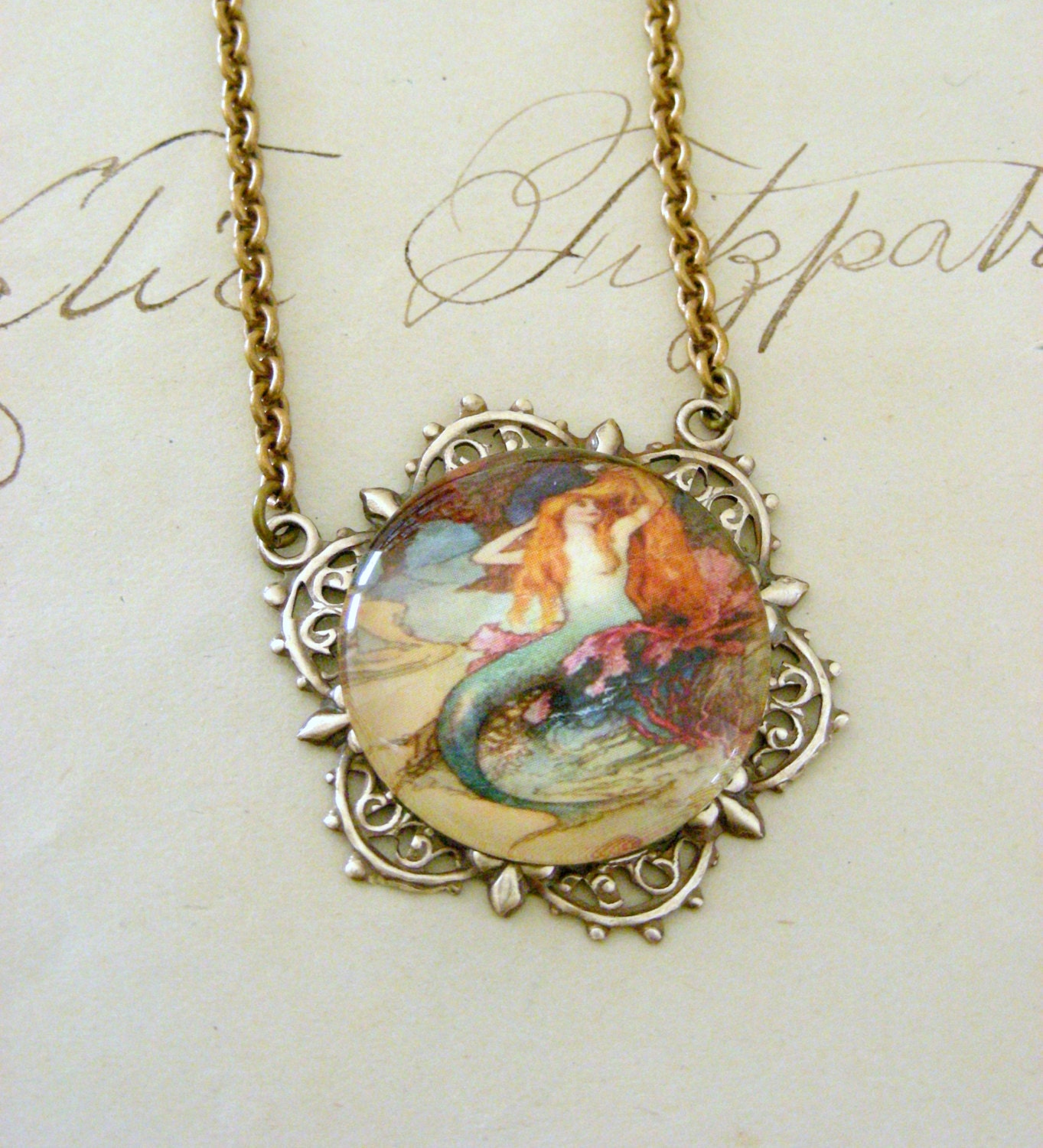 Necklace Mermaid Redhead Beauty - Vintage Brass - Handmade