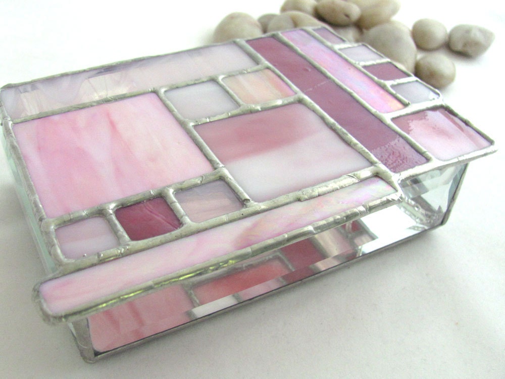 Pale Pink, Clear with Pink Streamers and Pink Iridized glass plus Bright Pink Magenta Hand Crafted Stained Glass Box