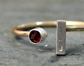 Gemstone Initial Ring- Silver &14K GF Adjustable Stacking Ring w Genuine Garnet Birthstone and Custom Initial Rectangle Bar By Pale Fish NY