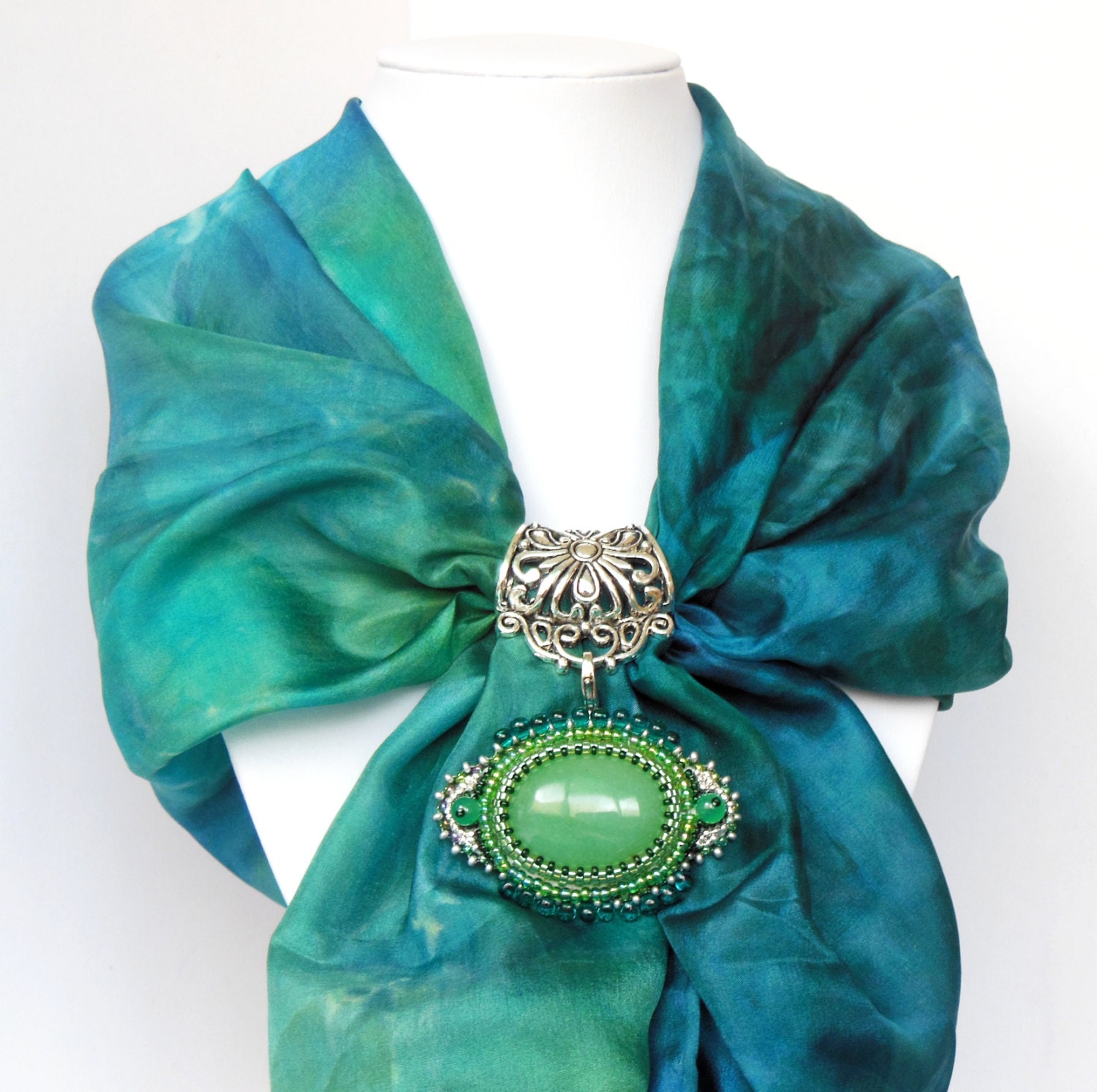 Clip for scarf brooch bead embroidery green OOAK