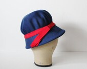 birthday sale // Vintage Blue Hat with Red Ribbon - 60s - Mod - Bucket Style - Handmade