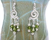 Fiddlehead Fern Silver Spiral and Spring Green Crystal Earrings