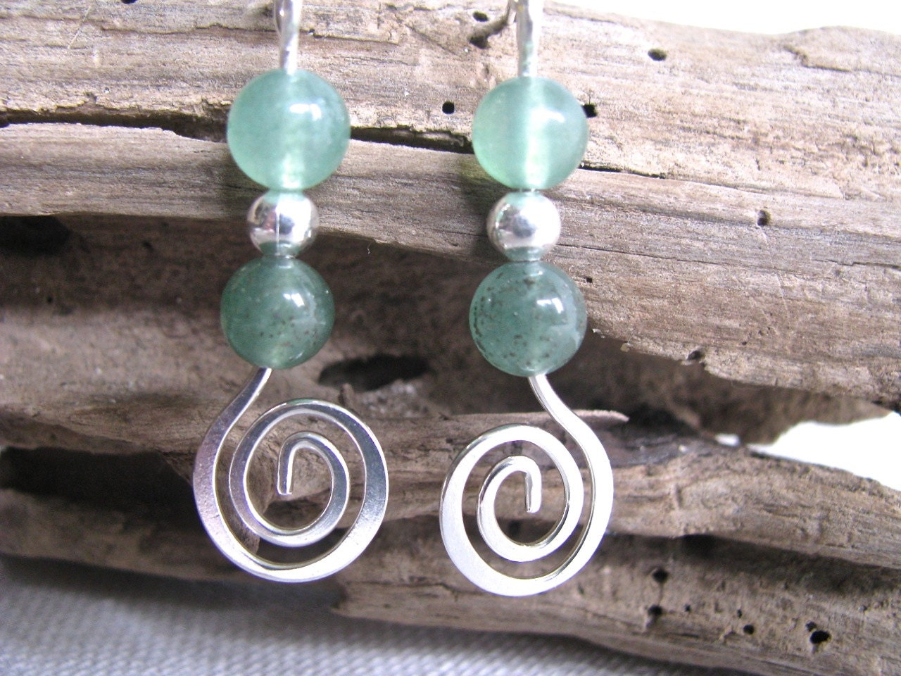 Silver Spiral Ball Stud Post Dangly Earrings with Moss Agate and New Jade