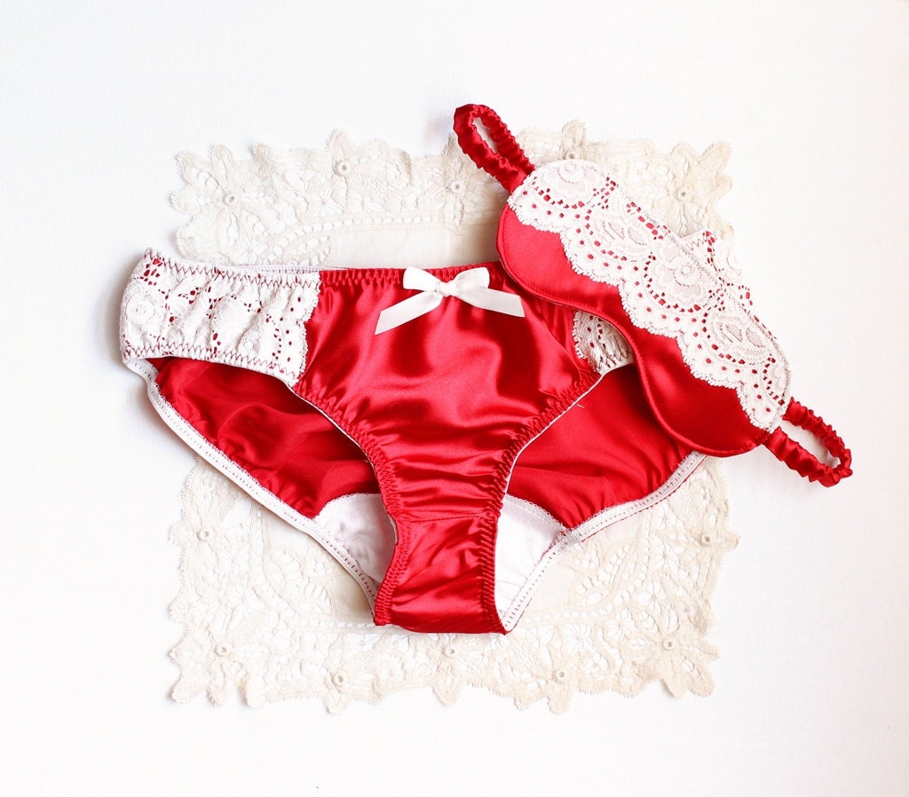 Valentines Lingerie Red Satin and Cream Lace Panties with matching Sleep Mask / Blindfold Handmade to Order