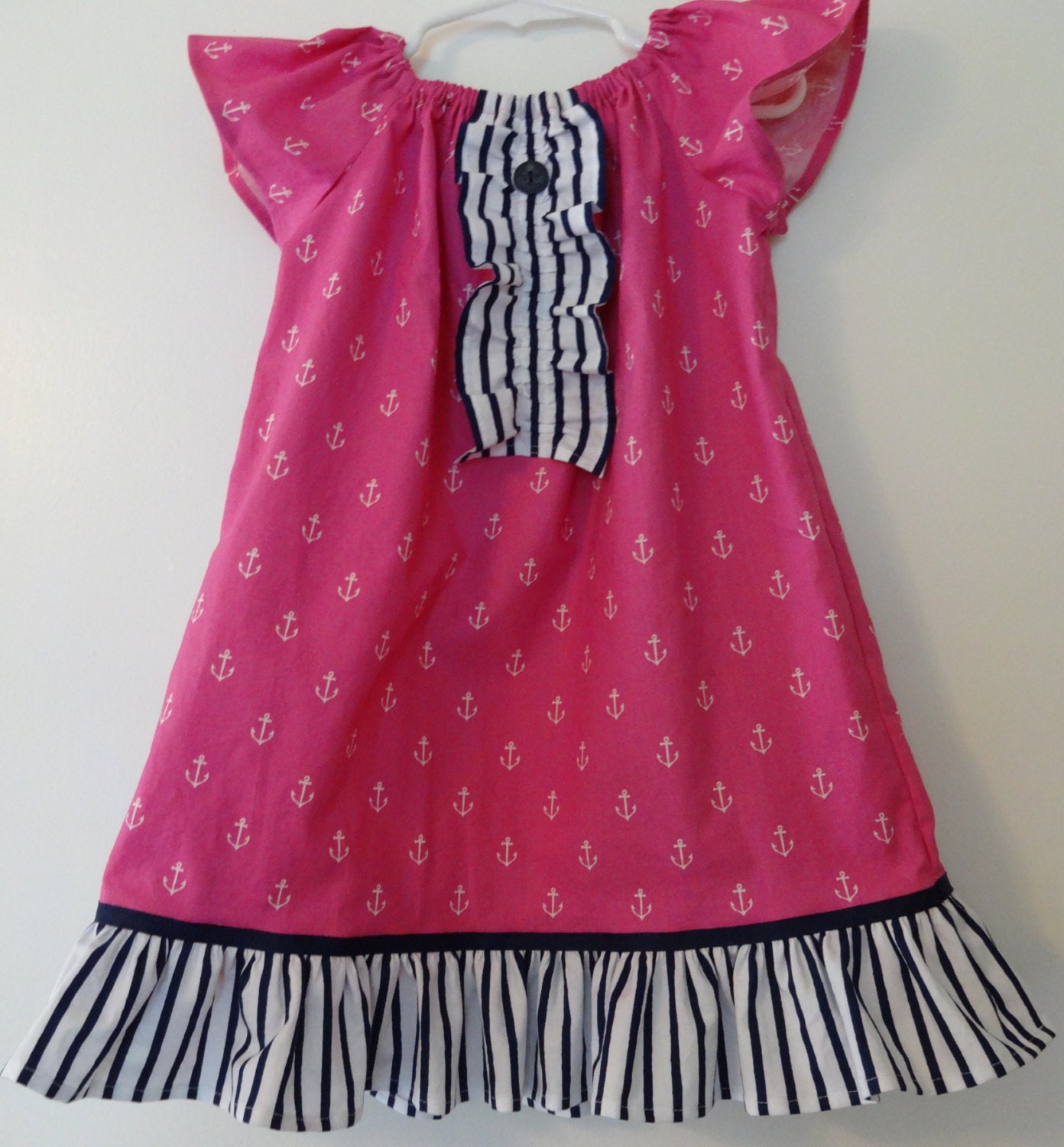 Girls Dress - Pink Anchor Nautical Peasant Dress - Sizes 6MO - 5