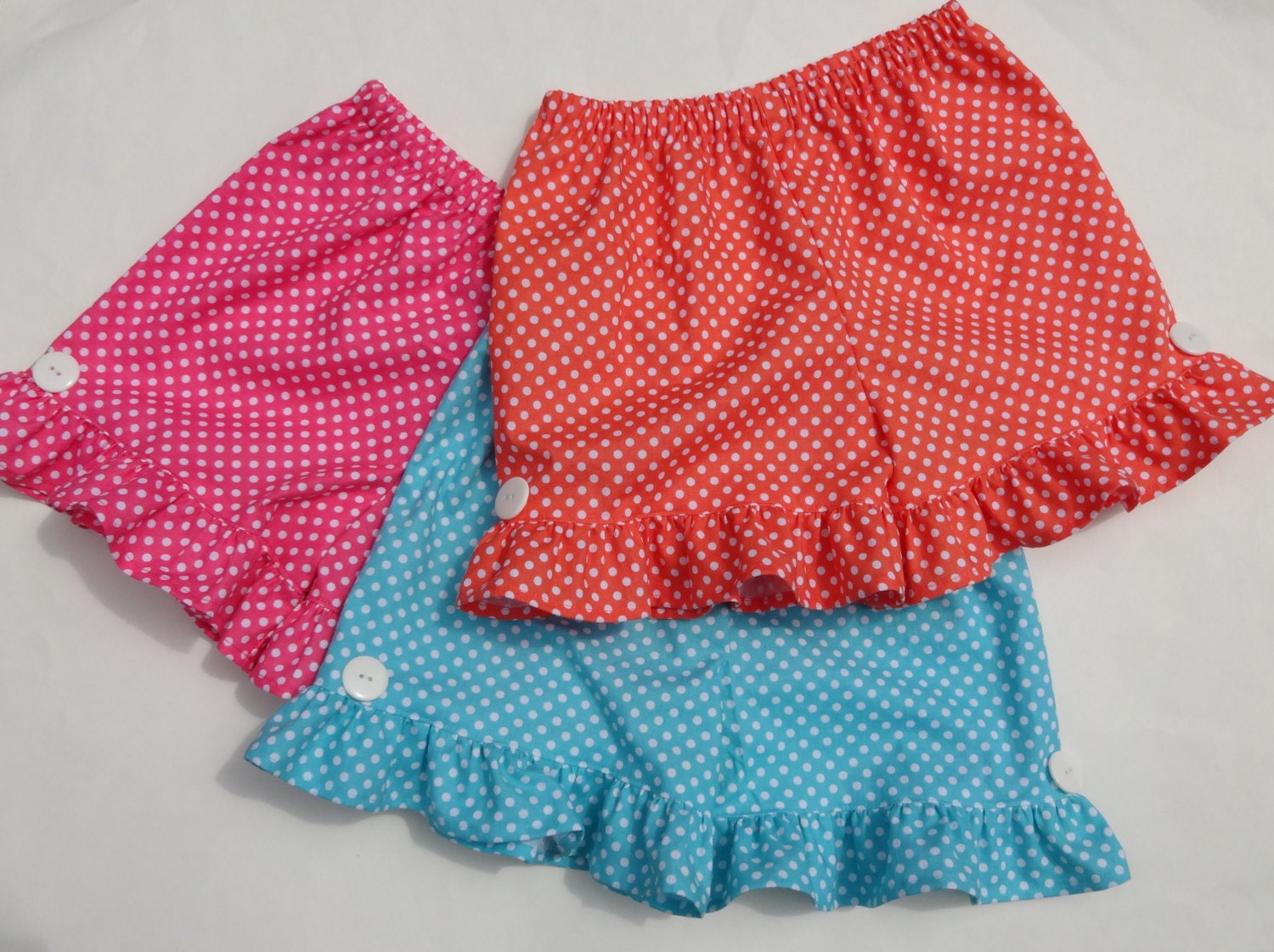 Girls Polka Dot Ruffle Shorts (Pink, Turquoise, Coral) Sizes 12MO - 8
