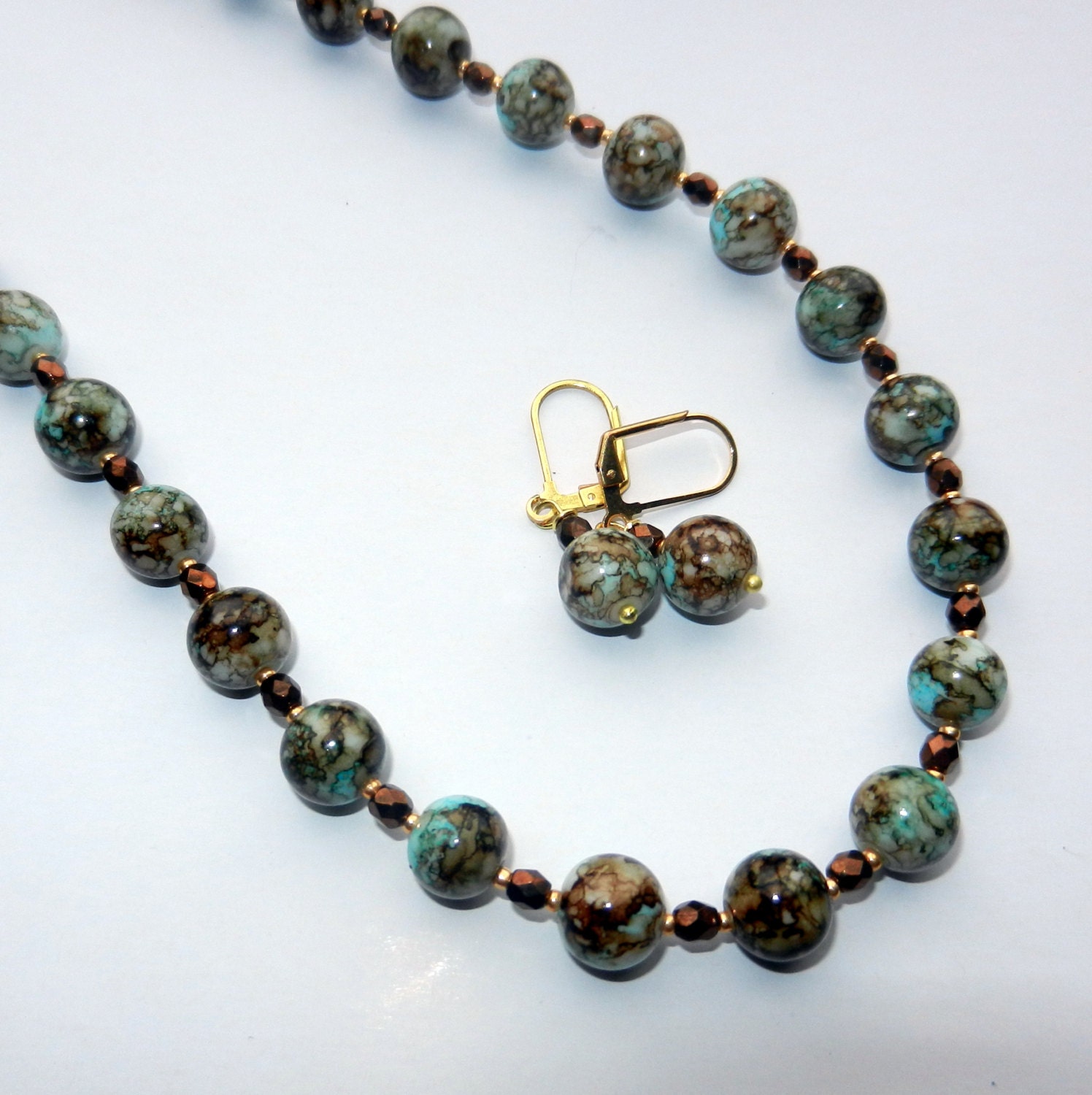 Green, Brown and White Marbled Beaded Necklace Earring Set