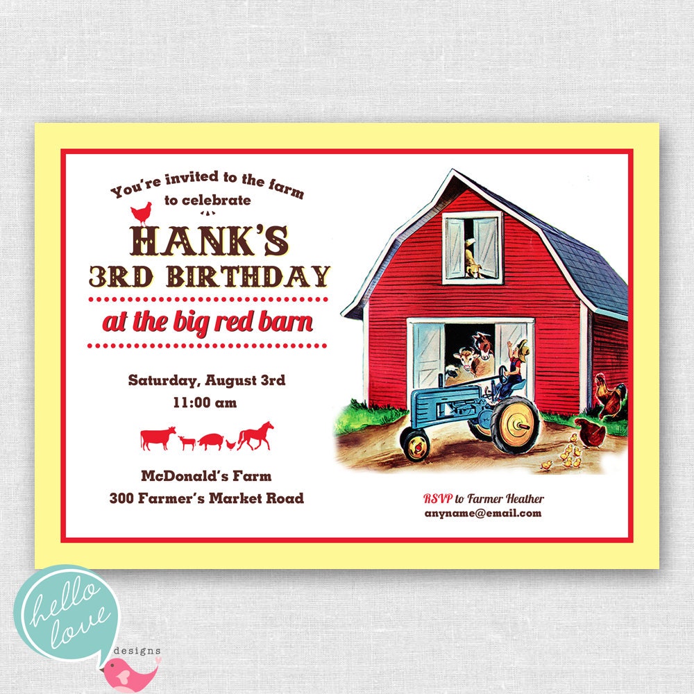Farm Party printable birthday invitation - vintage barnyard red barn