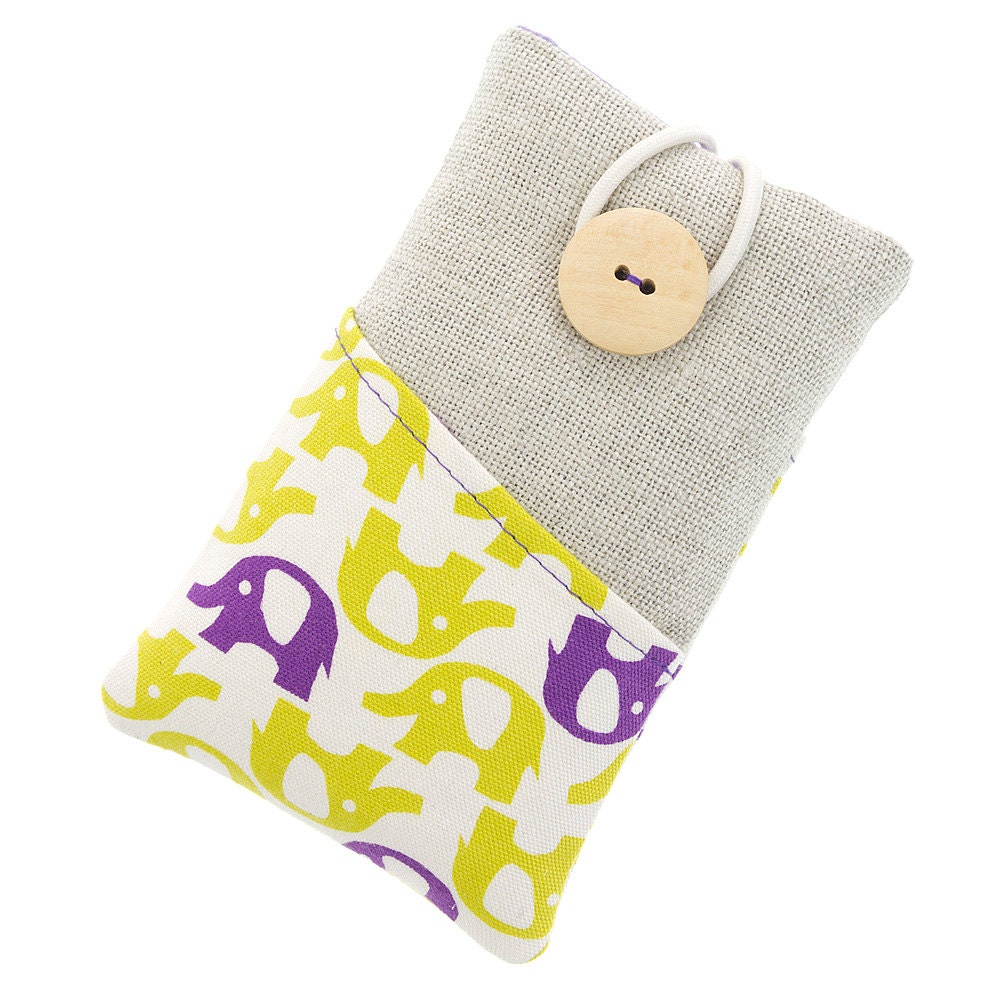 Fabric iPhone 5 case / iPhone 4 case / iPod sleeve / cell phone protector / yellow and purple elephants over white